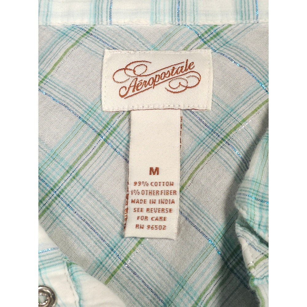 Vintage Y2K Aeropostale Western Pearl Snap Shimmer Plaid Shirt Teal White Medium - Picture 6 of 10